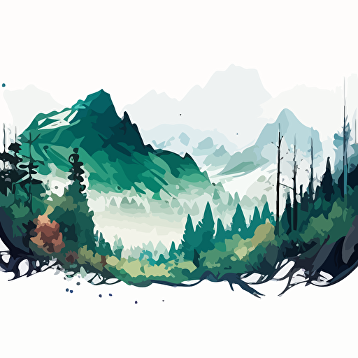 panoramic view, mountainous area, covered in primal forests, fantasy landscape, detailed, vector art, watercolors