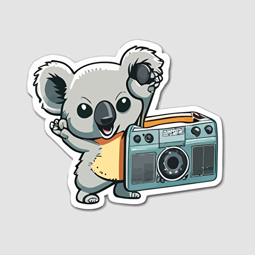 A koala holding a boombox and dancing to music, Sticker, Vector, White Background