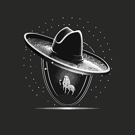 a flat vector logo, minimal, black and white, of a rocketship wearing a cowboy hat