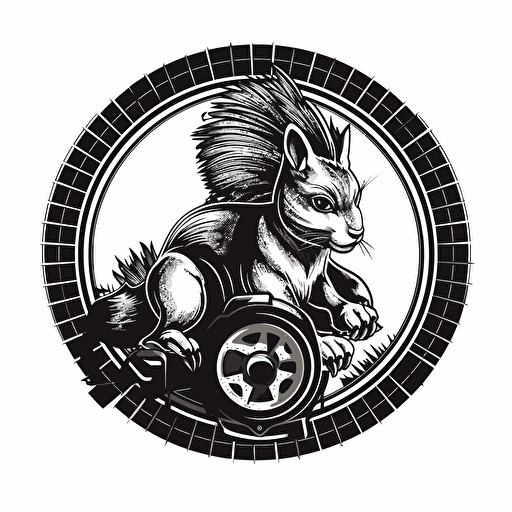 cyber punk, black squirrel, inside a bicycle rim and tire, logo, white background, vector style, grey tones