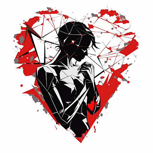 broken heart design, frank miller style, 2d, vector, white background