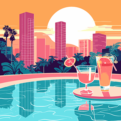 80's, poolside, city pop, palm trees, California, cocktails, vector art