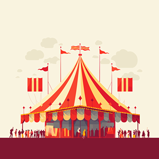 simple flat illustration of a circus tent at a fair with a ride in the background, a few silhouettes out front, simple vector image