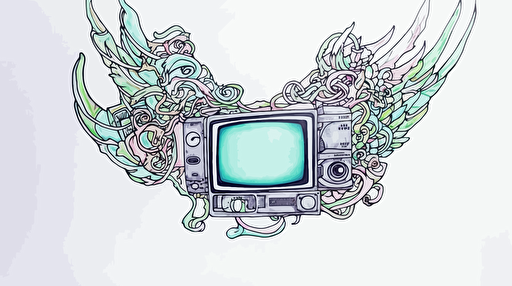 A television with wings zooming through clouds, Sticker, Adorable, Tertiary Color, Pixar, Contour, Vector, White Background, Detailed::