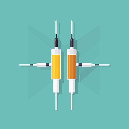 two syringes collinding eachother, flat design, vectorial style, simple colors, logo, unicolor background,