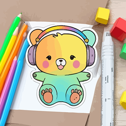 sticker, happy colorful bear wearing headphones, kawaii, contour, vector, white background s 250