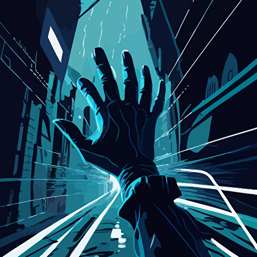 A vector illustration of a hand entering into the virtual world, only in blue and black tones, fluid composition, in the stlye of spider-man: into the spider verse