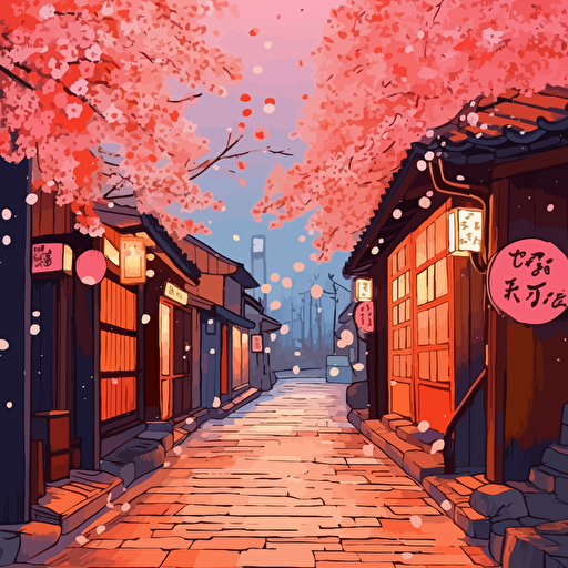 "Cute Seoul Alleyway," Cherry Blossoms, Lanterns, Minimalistic, Evening, Digital Illustration, Soft Pastels, Warm Lighting, in the style of Yayoi Kusama, Present Day, Simplified, Vector Art