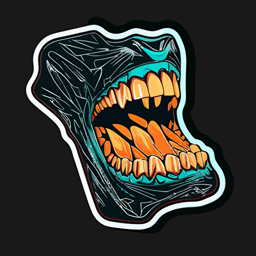 sticker, angry piece of gum with strong jaw, contour, vector, black background