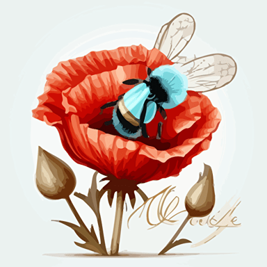 logo, cartoon, queen bee on poppy flower, red poppy flower, pale blue accent, vector, white background, no text