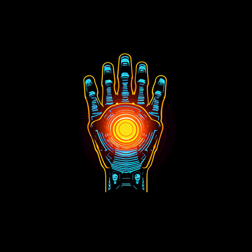 logo, simple, vector, two hands touching index fingers, one hand is robotic futuristic, another is human hand. they touch and there is a flash of light