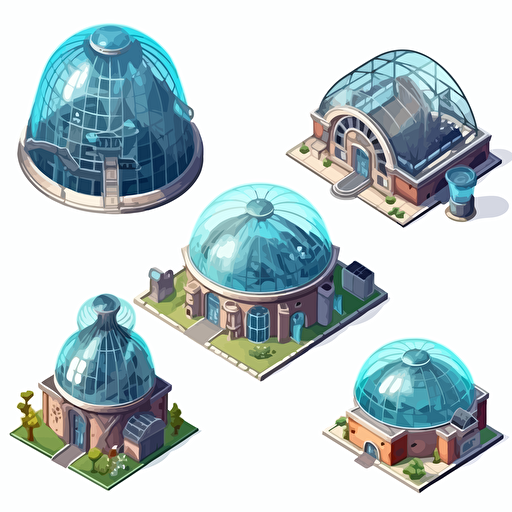 isometric cartoon vector image of a aquarium dome building at different stages of construction