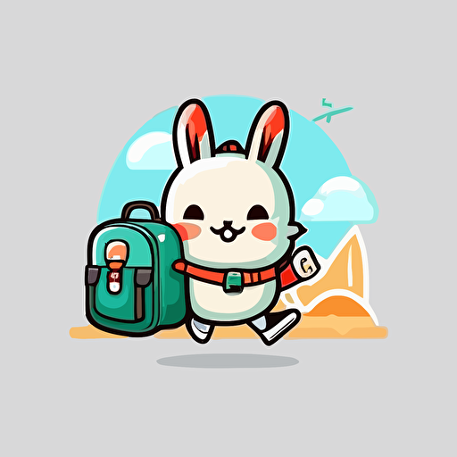 a mascot logo of a cute bunny with backpack travelling , simple, vector
