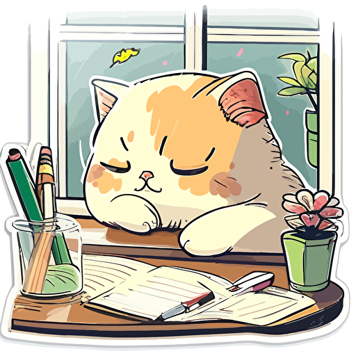 sticker, cute cat studying on a desk, liu yi artist style, vector, contour, white background