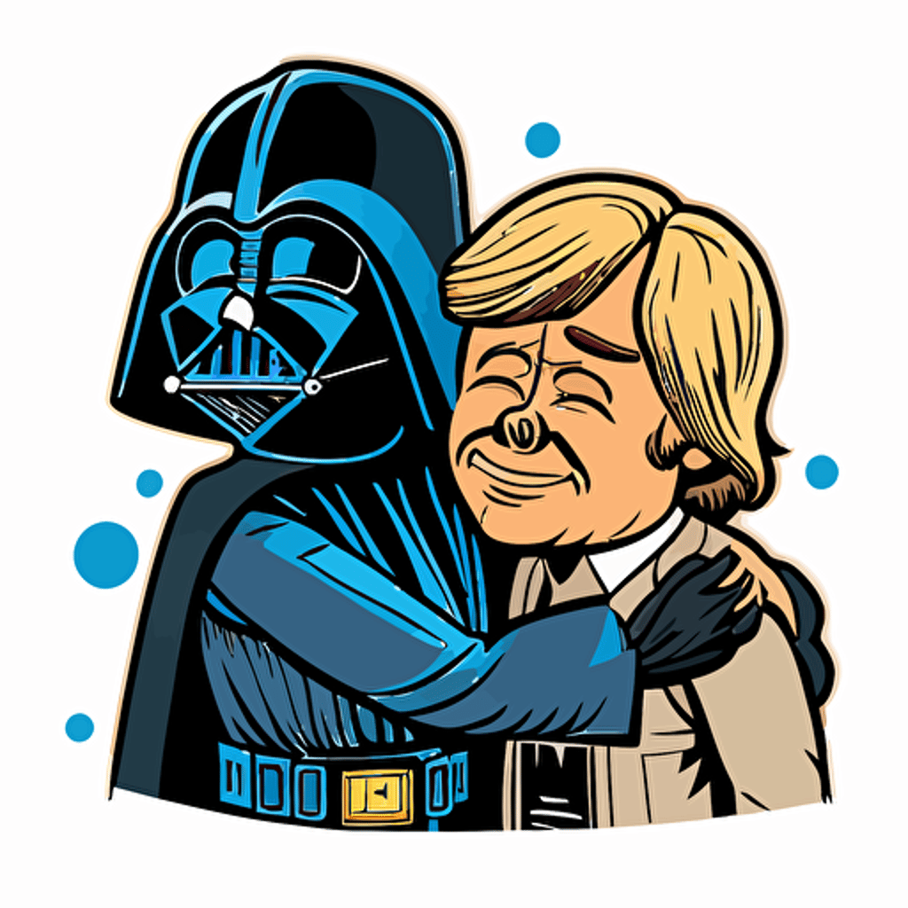 Darth vader and luke skywalker hugging and smiling, Clipart, Joyful, Primary Color, comic style, Contour, Vector, White Background, Detailed