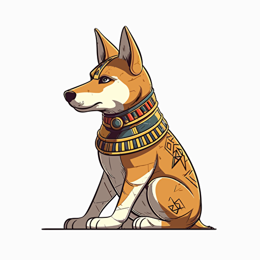 2/3 left side profile shot 24mm, cartoon 2d, Shiba Inu pharaoh oufit, cartoon anime, Vector illustration, white background