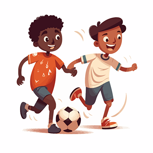Vector illustration of 9 years old black boy and white boy playing soccer with white background