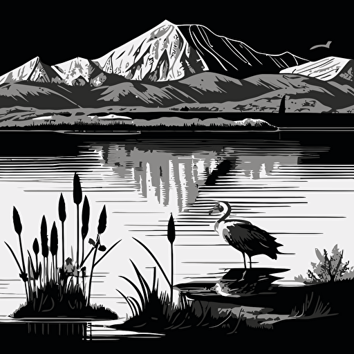 a 2d black and white vector drawing including lake neusiedl with a stork mixed with the mountains of serfaus in the alps