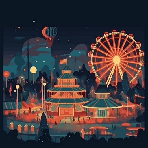 very simple flat vector illustration of a fairgrounds at night