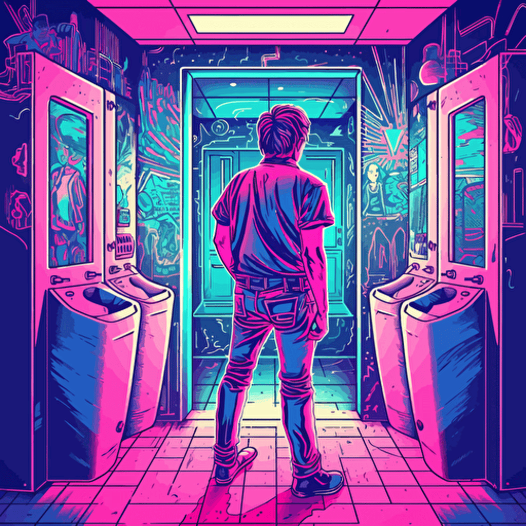 man in toilet room, vector art, rasterize, carsoon. 80s Styles