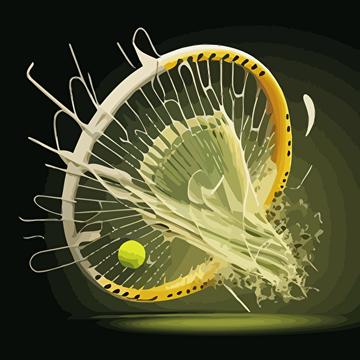 3-D vector image of a tennis ball coming out of tennis racket breaking the strings just like this, illustration, vector style, hyperdetailed