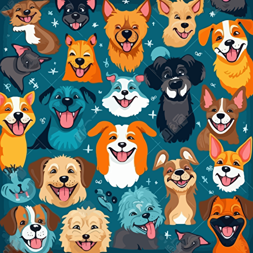 happy dog breeds, pattern, vector, vibrant colors, colored background