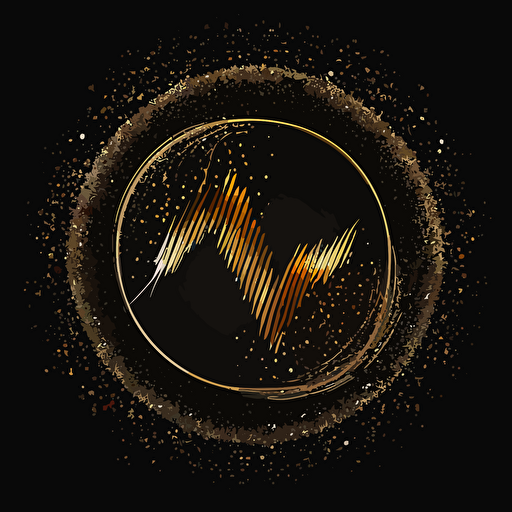 minimalist logo that is a circle with golden borders vector logo, black background, two letter M forming an audio wave made of particles inside the circle