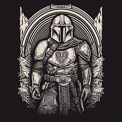the mandalorian all silver armour, in the style of shepard Fairey, vector art, lino cut style, monochromatic, grain effect,