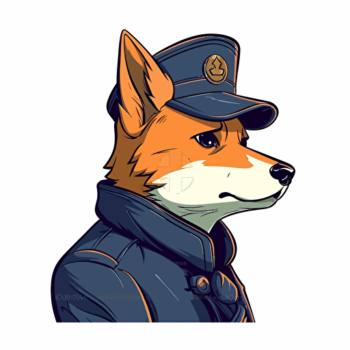 2/3 left side profile shot, cartoon 2d, Shiba inu soldier outfit,anarchist, blue eyes, cartoon anime, colors, Vector illustration, white background