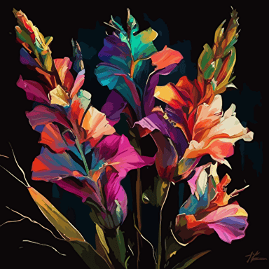 cosmic gladiolus ganglia circuitry fine-structure, intricate detail, brilliant colors, epic composition, style of lovis corinth, erin hanson, leonid afremov, peter gric, flowers competing for the sun, aurora borealis, incandescent, vector