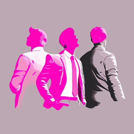 3 man, Relaxed, Motivation, pink color, gray background, simple design, vector style, white outline over silhouette