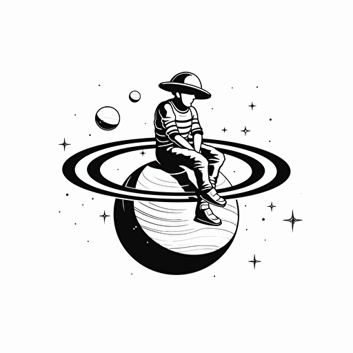 vector image of an astronaut sitting on saturn, black, white background, minimalist, vector, illustrator, simple, clean, small