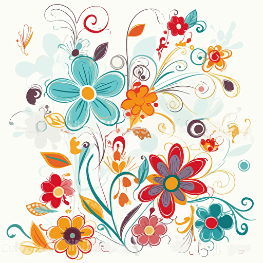 adorable brightly colored floral design on a white background + doodle style + white background + simple vector + bright colors