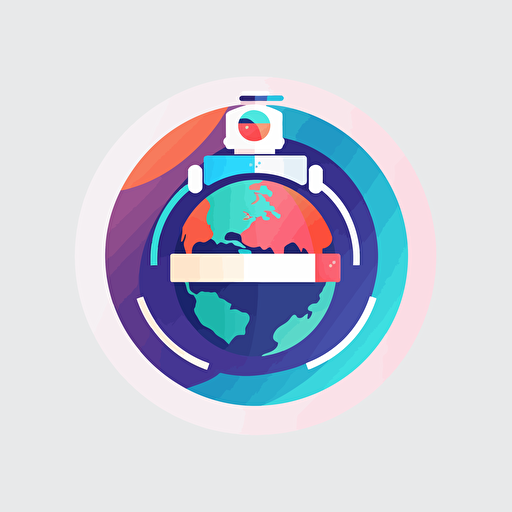 flat vector logo of circle, gradient, Robot wrapped around earth, simple minimal, by Ivan Chermayeff
