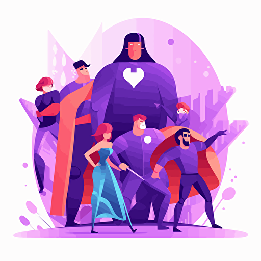 cute and fun style, overlook angle, vector cartoon vector flat, Company stable protected by employees in superhero costumes against cyber criminals and cyber attacks, white background, main color purple