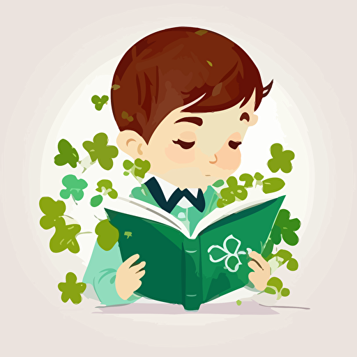 simple flat boy reading a book with clover on the cover logo, white background, vector style