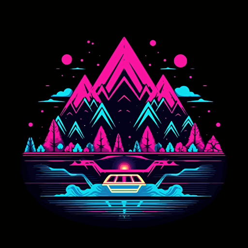 mountain lake shuttle logo, flat image, pixel art Neon, pink blue white and black, vector simple, fun, creativity, playfulness, high quality