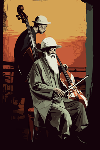 [vector art] [Chinese ink art style] old man in a hat playing acoustic guitar on the music club stage a contrabass player stayes next to him , contrasting colors,