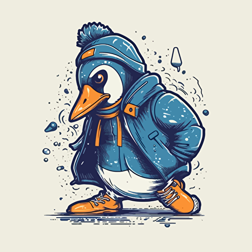 Penguin, Ice Skating, Cool blues and orange evoke mystery, Intricate details add depth and texture, Comic vector illustration style, flat design, minimalist logo, minimalist icon, flat icon, adobe illustrator, cute, simple