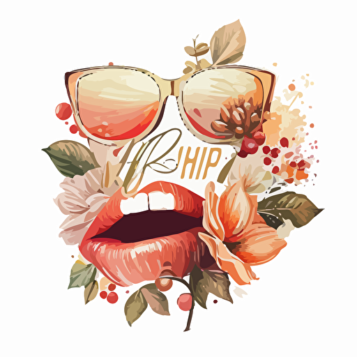 unique hyper detail flower themed logo including lip stick, sun glasses, and champagne, white background, vector