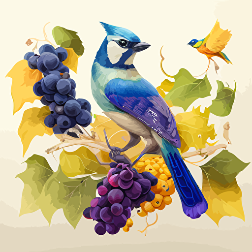 una pintura mural de aves y uvas, aves azules , amarillas amazonicas endémicas, viñedos en vectores , haciendo ver los procesos de cultivacion de la uva por campesinos