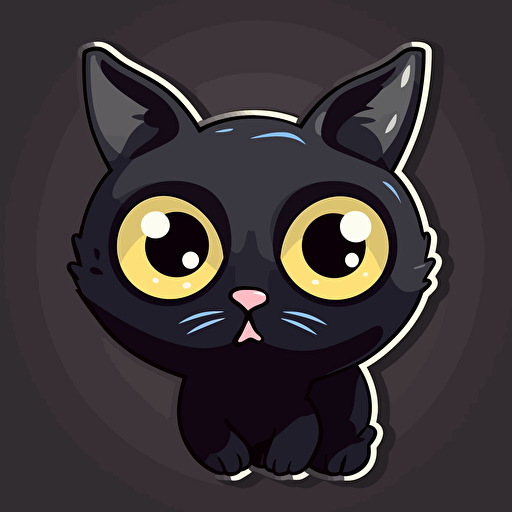 a cute black cat, sticker, white liner, vector, big eyes