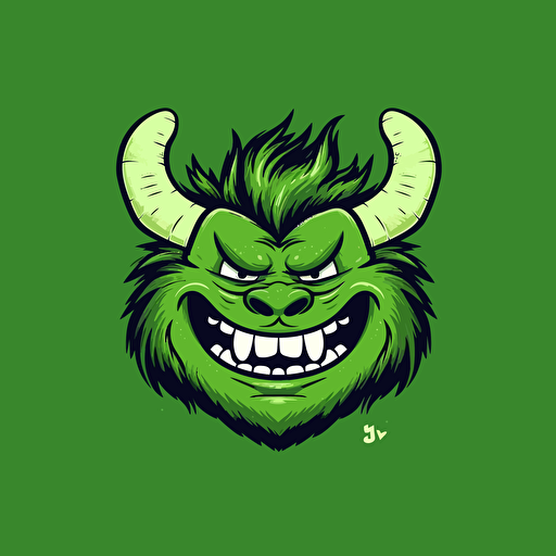 worlds happiest furry green monster, horns, vector art, vector logo, emblem, simple, 2D
