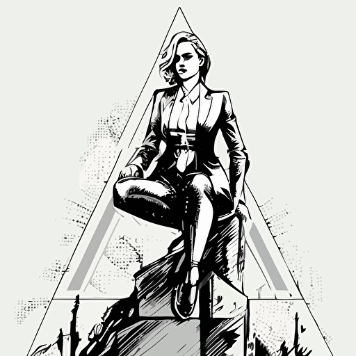 women in business suit sitting on a pointed pyramid, detailed outline vector illustration