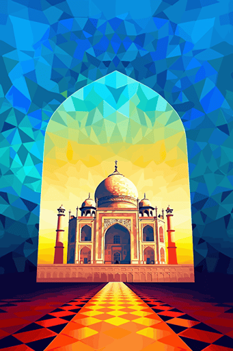 taj mahal, honeycomb amorphous mosaic background, bright lighting, summer vibrant colors, blue sky, sun in sky, faint clouds, front view, vector,