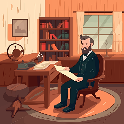 a front shot vector illustration of a notary public sitting on a leather chair signing a contract on a big wooden desk in his old office
