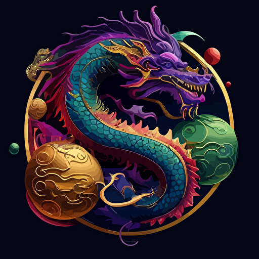 dragon chinese style with fire flames gold coins red clouds spheres chinese new year scifi vector detailed high definition purple green blue yellow
