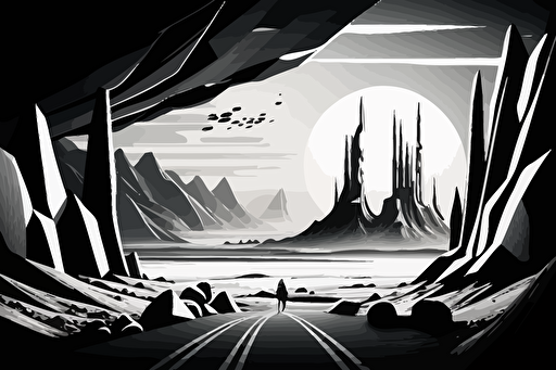 black and white vector type image of a scifi futuristic landscape v 5