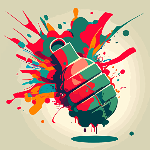 digital grenade with explosion of color coming from the top right of the grenade, retro military grenade, vector, minimalist