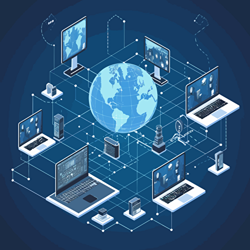 blockchain dev working on computer connected to a network of devices around the world, 2d, vector, izometric,